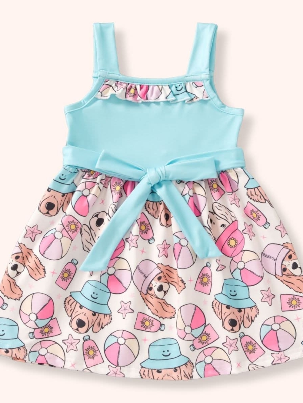 Girls' Summer Beach Print Dress with Blue Bodice